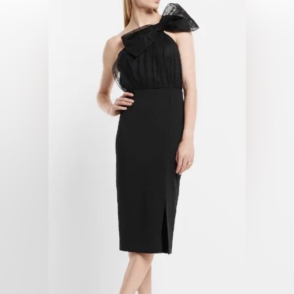 EXPRESS MESH POLKA DOT ONE SHOULDER BOW MIDI SHEATH DRESS